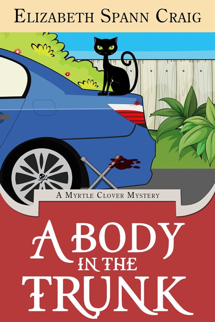 A black cat sits on the back of a blue car while a bloody tire iron props against the wheel. The picture is the cover for "A Body in the Trunk"